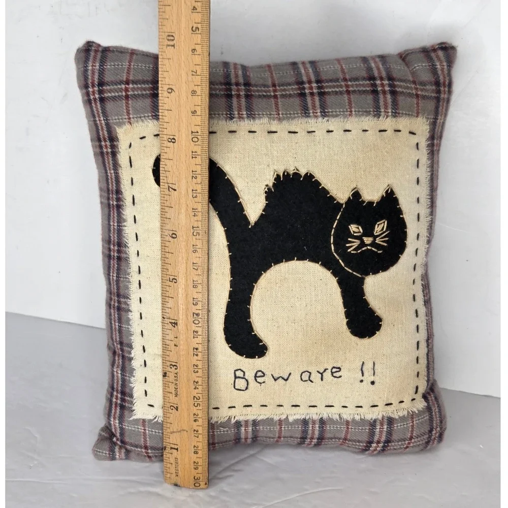 Primitive Halloween Black Cat Beware Plaid Decorative Pillow Folk Art Decor